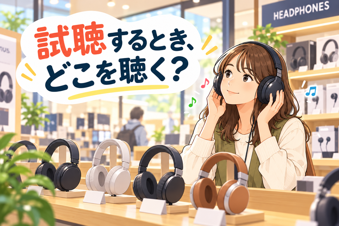イヤホン売り場で試聴しながら音の違いを確かめる女性のイメージ